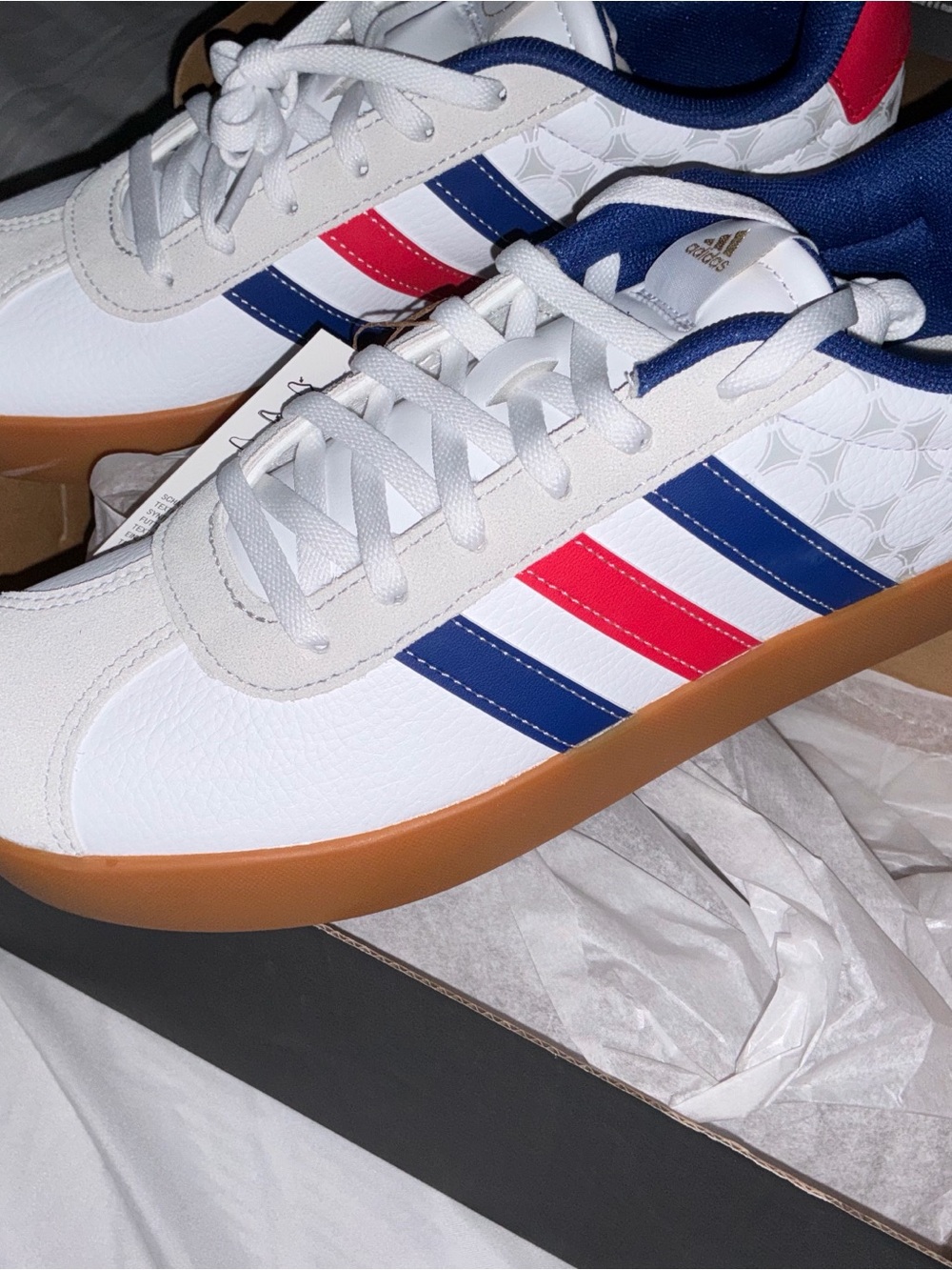 adidas Men’s White Sneakers with Navy and Red Stripes